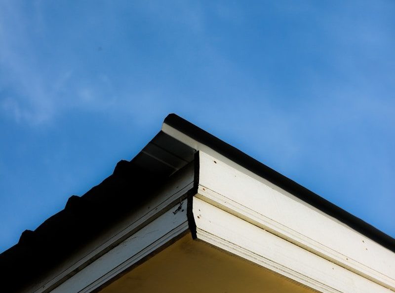 Roof corner contrasts against a clear blue sky.